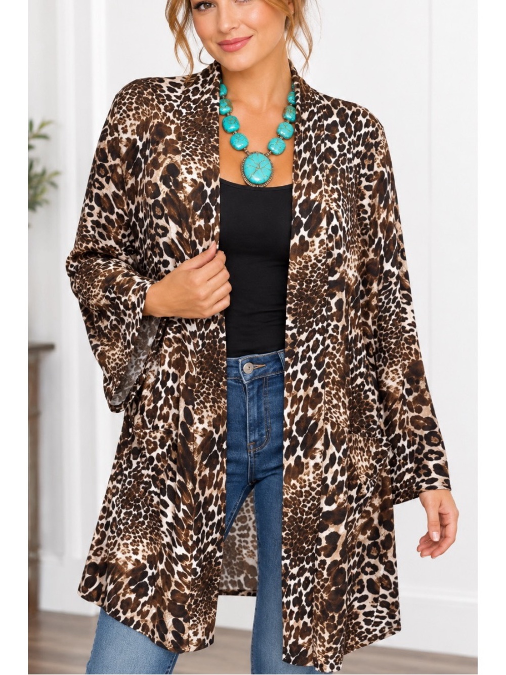 MOA USA Leopard Print Open Front Cardigan Shawl with pockets